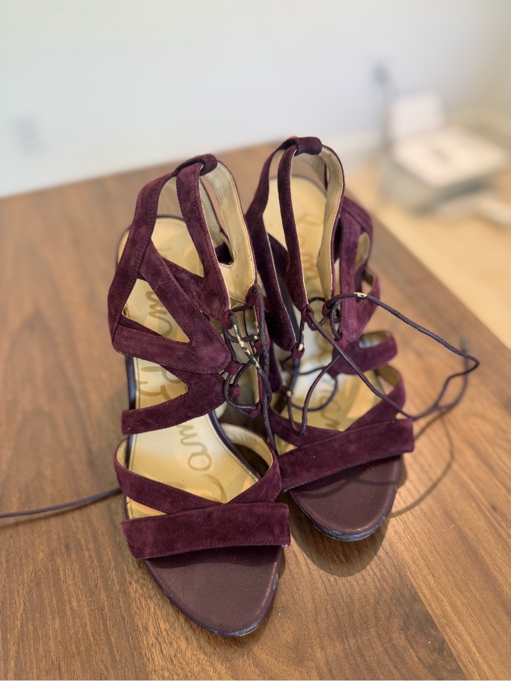 Sam Edelman Women's Burgundy Suede Lace-Up Heeled Sandals